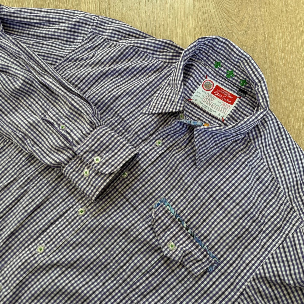 Robert Graham Freshly Laundered Shirt Mens 2XL Purple Gingham Plaid Paisley Trim
